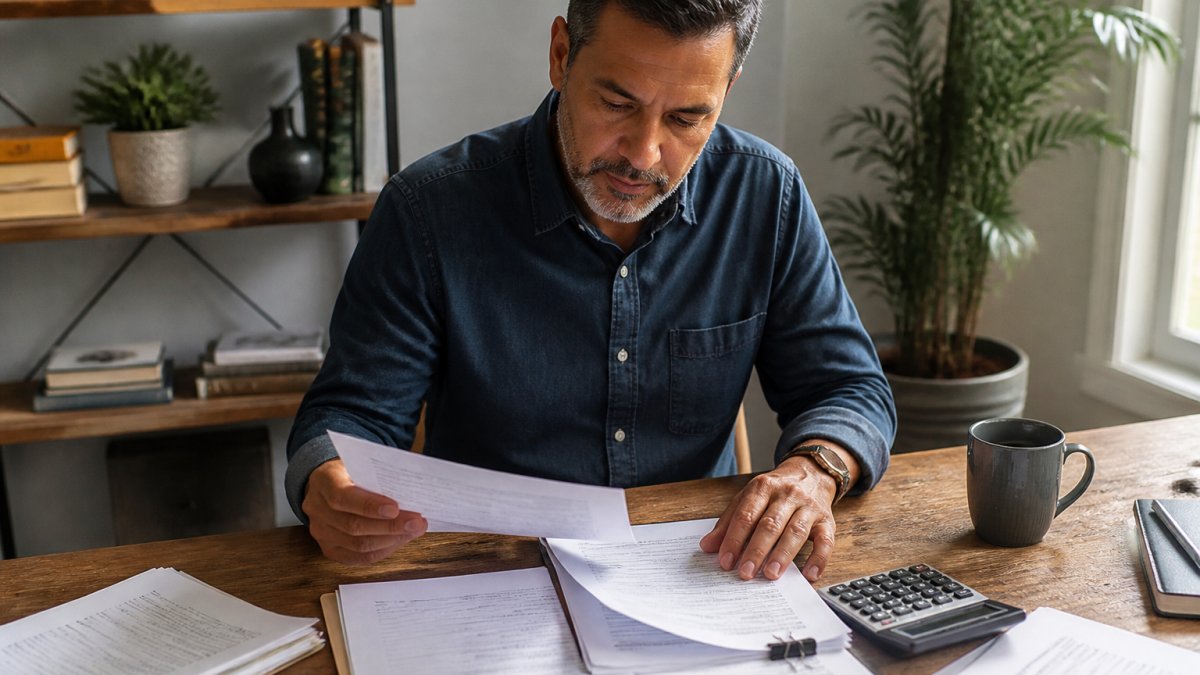 A small business owner reviewing financial documents and a laptop at a tidy desk in a home office, with a calculator and coffee mug nearby
